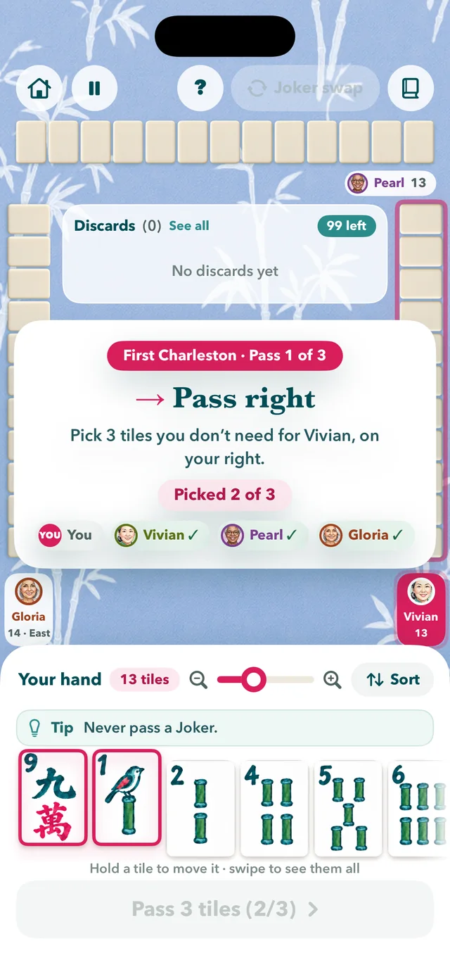 Passing three tiles right in the first Charleston