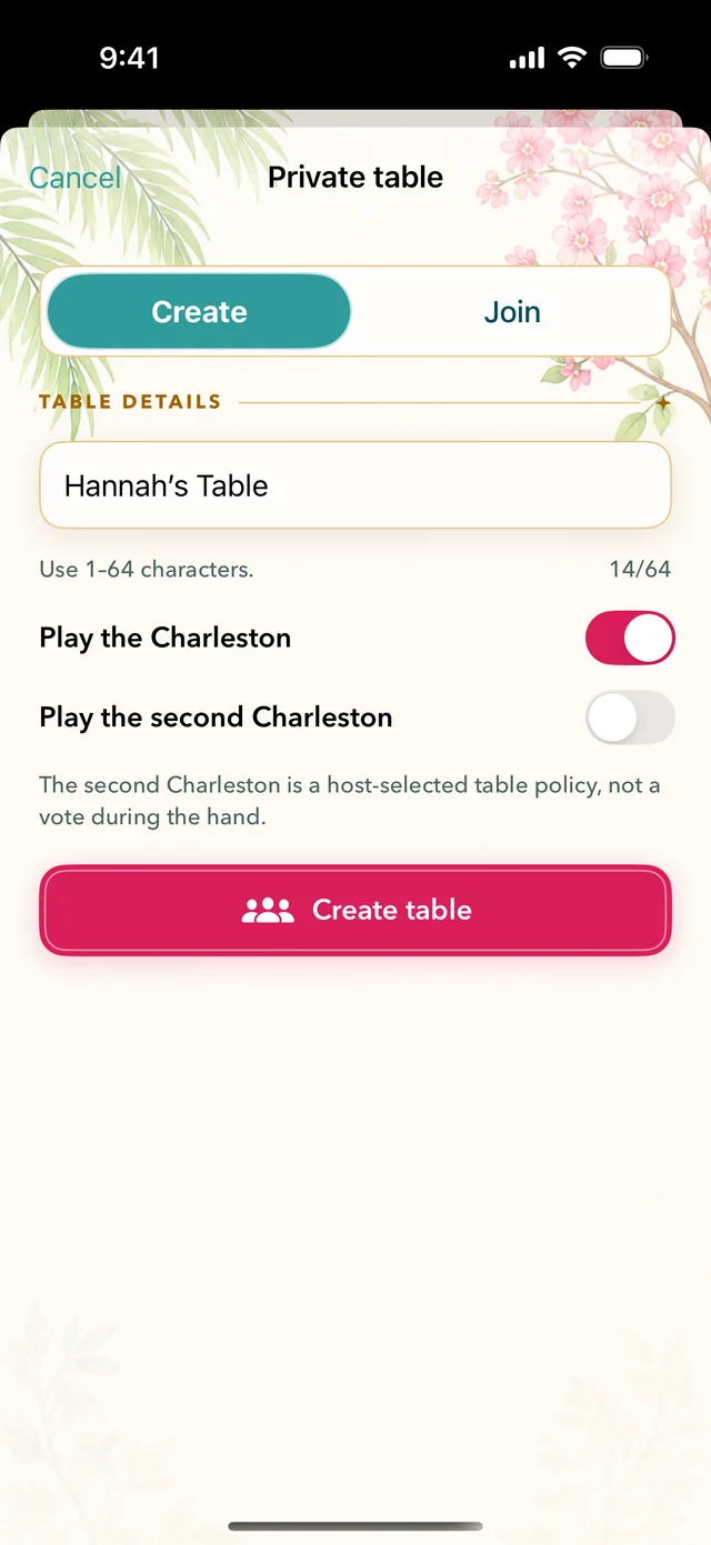 Creating a private table and choosing its Charleston rules