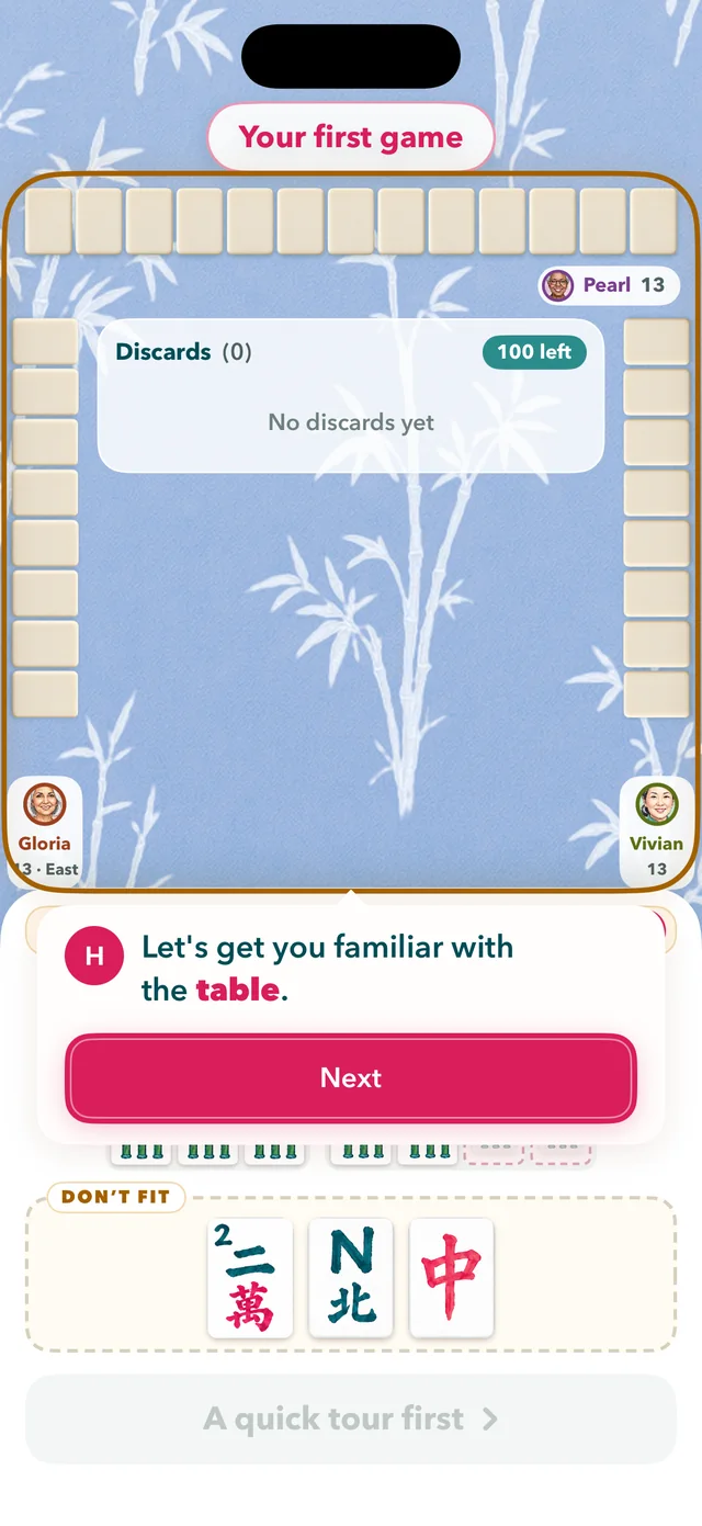 The guided first game, with Helena introducing the table