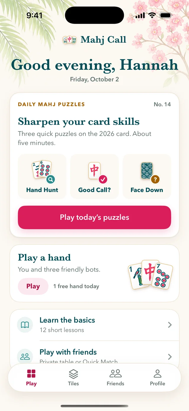 The Mahj Call home screen with today’s Daily Mahj Puzzles