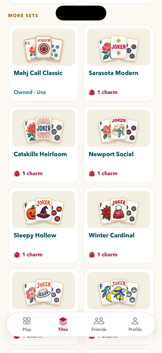 The Tiles tab with hand-drawn tile sets to unlock with charms